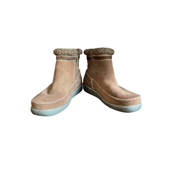 Lands' End Womens Suede Leather Ankle Boots Side Zip Faux Fur Trim Brown 9D - Picture 1 of 6